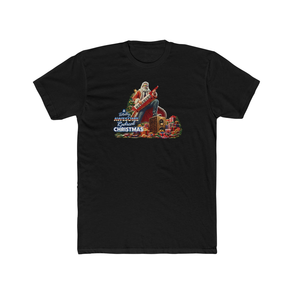 A black short-sleeve crewneck t-shirt featuring a colorful graphic print of a Radical 80's Santa Claus playing a red keytar with the text 'A Totally Awesome Christmas', while surrounded by Christmas presents and a Christmas tree.