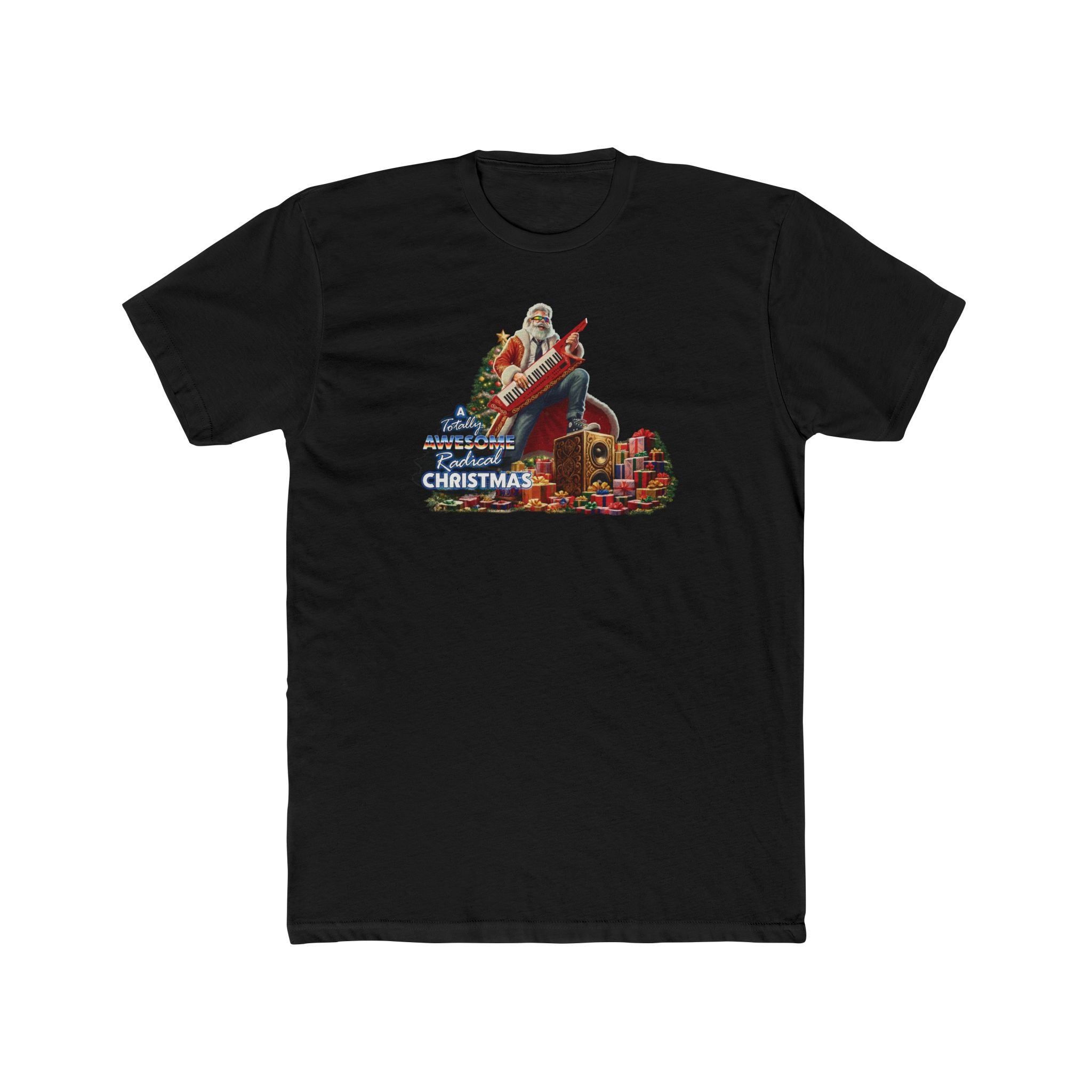 A black short-sleeve crewneck t-shirt featuring a colorful graphic print of a Radical 80's Santa Claus playing a red keytar with the text 'A Totally Awesome Christmas', while surrounded by Christmas presents and a Christmas tree.
