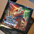A colorful vinyl record wrapped in clear plastic, shown inside an open cardboard shipping box. The cover art features a rockin' Santa Claus playing a red keytar surrounded Christmas trees, gifts, and stage lights, with the text 'A Totally Awesome Radical Christmas' .